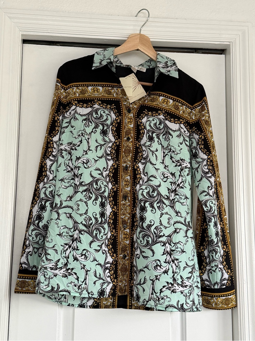 Boston Proper Mint Green Black Baroque Print Button-Up Blouse